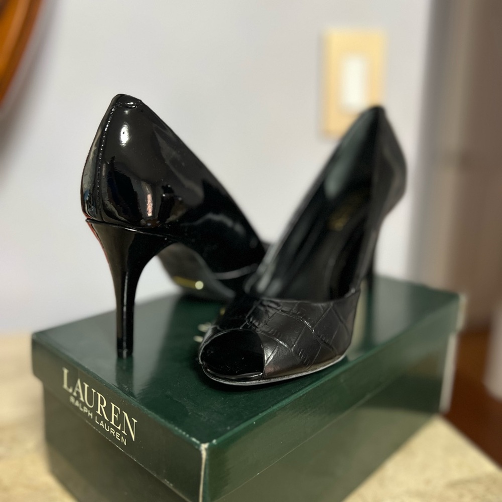 Lauren Ralph Lauren Black Patent Leather Peep-Toe Heels